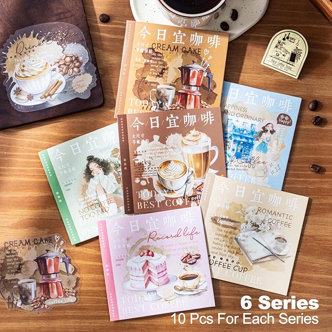 Coffee Aesthetic PET Stickers, 60 Pcs Large Collage Ephemera for Scrapbooking, Journaling, DIY Crafting, and Art Supplies