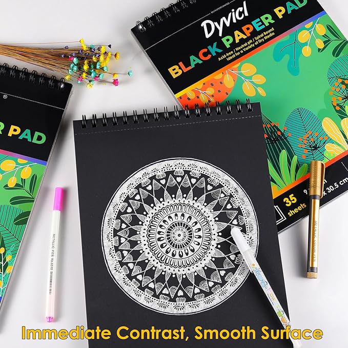 Dyvicl Black Paper Sketchbook 9"x12", 90 lb/150 GSM, 35 Sheets, Spiral Black Sketch Pad Drawing Paper for Pencil, Pastel, White Ink Gel Pen, Charcoal, Chalk, Metallic Marker, Paint Pen
