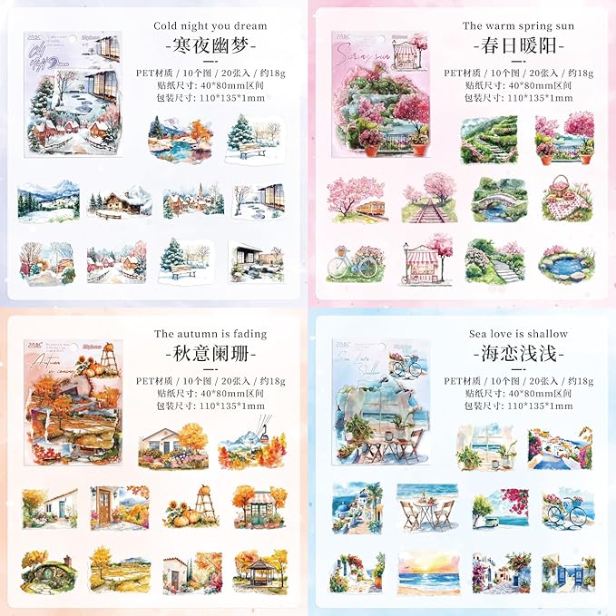 80 Pieces Vintage Travel Seasonal Themed Landscape Stickers, Large Size Transperant PET Scrapbook Stickers for Journals, Crafting, Art Projects, Phone Case, Laptop, Journal Album Decoration