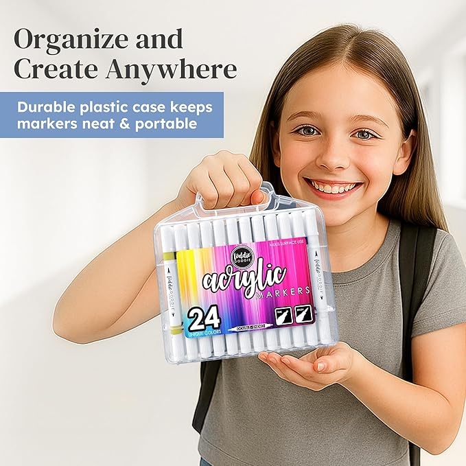 Loddie Doddie Acrylic Markers, 24 Unique Colors, Double-Ended Multi Surface Art Markers Set with Fine and Brush Tips, Portable Storage Case for DIY Projects, Crafts, and Decor (24)