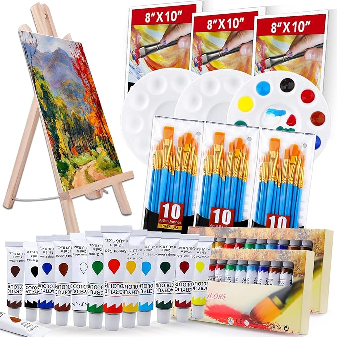 ESRICH Acrylic Paint Set,Painting Supplies with 2 PCS of 12 Colors Acrylic Paint,1 Easel 3 Canvas 30 Paintbrushes and 3 Palettes, Paint Kit for Kids,Students, Artists and Beginner