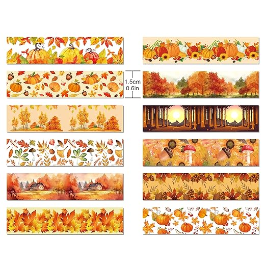 12 Rolls Fall Washi Tape, Autumn Maple Leaves Pumpkin Masking Washi Tape Fall Harvest Decorative Tape Sticker for Scrapbook, Journal, DIY Craft, Gift Wrapping, Card Making