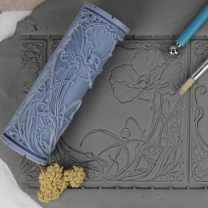 Poppy Clay Texture Roller (4") - Flower Set #02 - Embossing Pattern Roller for Polymer & Ceramic Clay, Pottery & Crafts