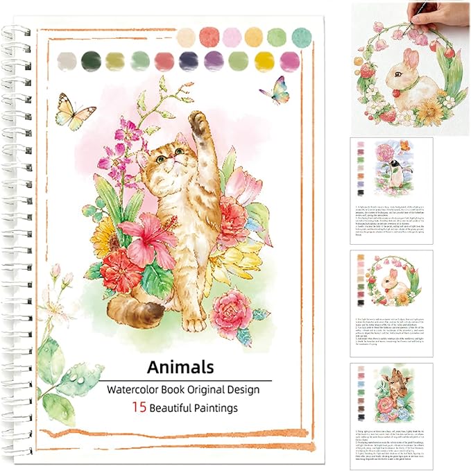Watercolor Workbook, 15 Different Patterns of Original DIY Paintings for Water Color Book, 8.7 * 6.7inch, Water Coloring Book for Beginners Adults (Without Palette, Animals)