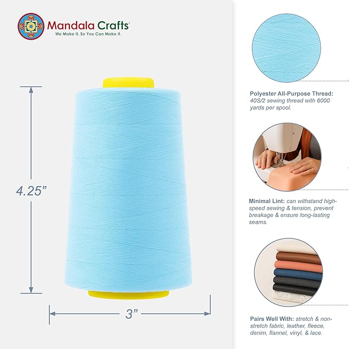 Mandala Crafts 4 Pack of Serger Threads Cones Spools - 40S/2 24000 Yards Polyester Pale Blue Threads for Sergers Machine and Overlock Quilting Sewing Machine