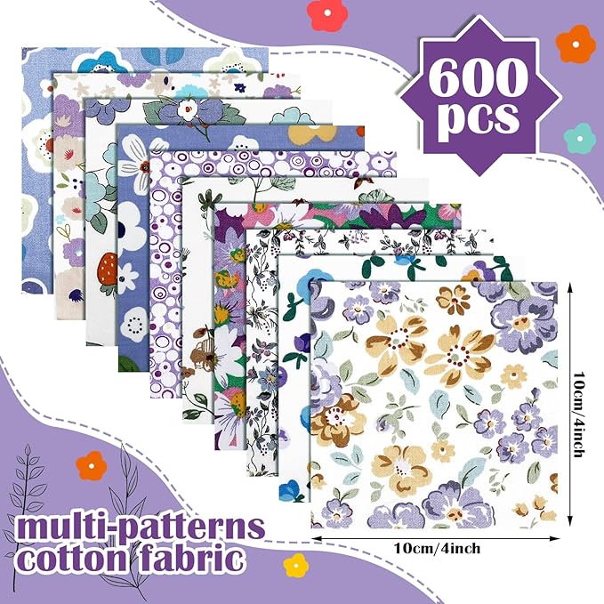 Kinlop 600 Pcs 4 x 4 Inch Cotton Fabric Square Precut Quilting Squares Printed Floral Patchwork Fabric Bundles for DIY Craft Sewing Clothing Accessory(Purple)