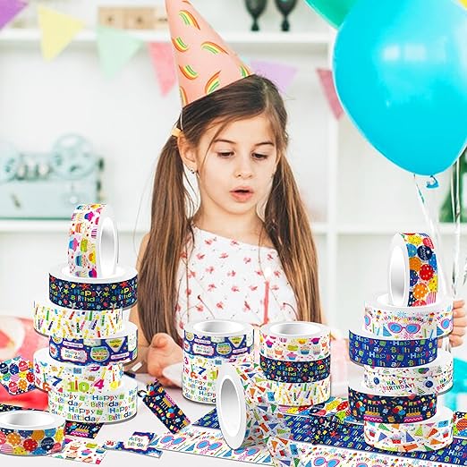 12 Roll Happy Birthday Washi Tape Set - 16.4Ft Each, Colorful Cake & Candle Designs for Gift Wrapping, Scrapbooking, Party Decor DIY Crafts (196Ft Total)
