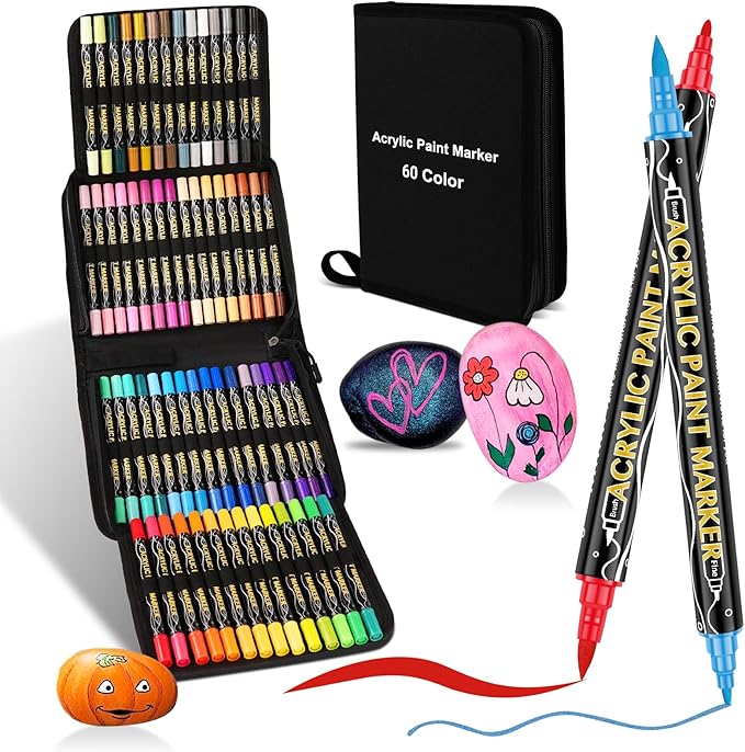 60 Colors Acrylic Paint Markers,Dual Tip Acrylic Paint Pens Paint Markers,Includes 12 Metallic Brush Tip Fine Tip Acrylic Paint Markers For Rock Painting,Plastic,Canvas And Diy Crafts Art Supplies