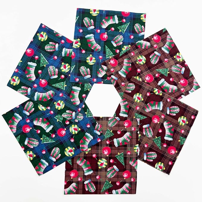 48Pcs 5x5 Inch Christmas Fabric Squares,100% Cotton Pre-Cut Quilt Clearance Charm Packs,8 Holiday Patterns for Quilting, Sewing DIY Crafts