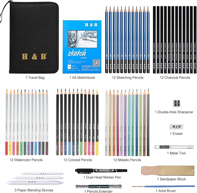 H & B 72PCS Drawing Supplies, Sketching Art Kit with A5 Sketchbook - Includes Graphite, Charcoal, Watercolor Pencils for Adults, Teens, Beginners & Kids