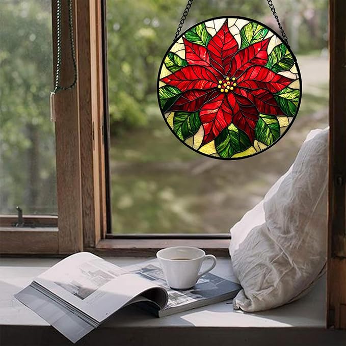 Stained Glass Window Hanging - Poinsettia Suncatcher for Door Garden Home Decor Birth Flower Sun Catcher Birthday Mother's Day for Lovers Friend Women Mom Nana 7.8 in