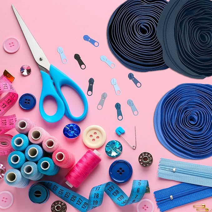 Syhood 36 Yards 12 Pieces #5 Sewing Zippers Tapes Assorted Nylon Lightweight with 120 Plastic Zipper Sliders for Women Men Sewing Supplies(Blue Series)