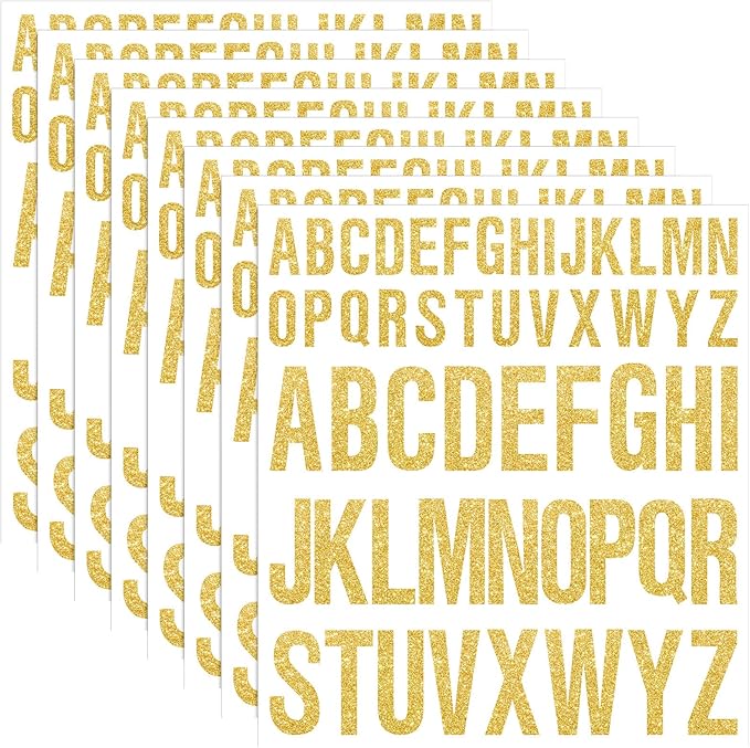 8 Sheet Glitter Letter Stickers Vinyl Alphabet Stickers Waterproof Self Adhesive Stick on Letters for Poster Bulletin Board Mailbox School Classrooms Decor(2 Inch, 4 Inch,Gold)