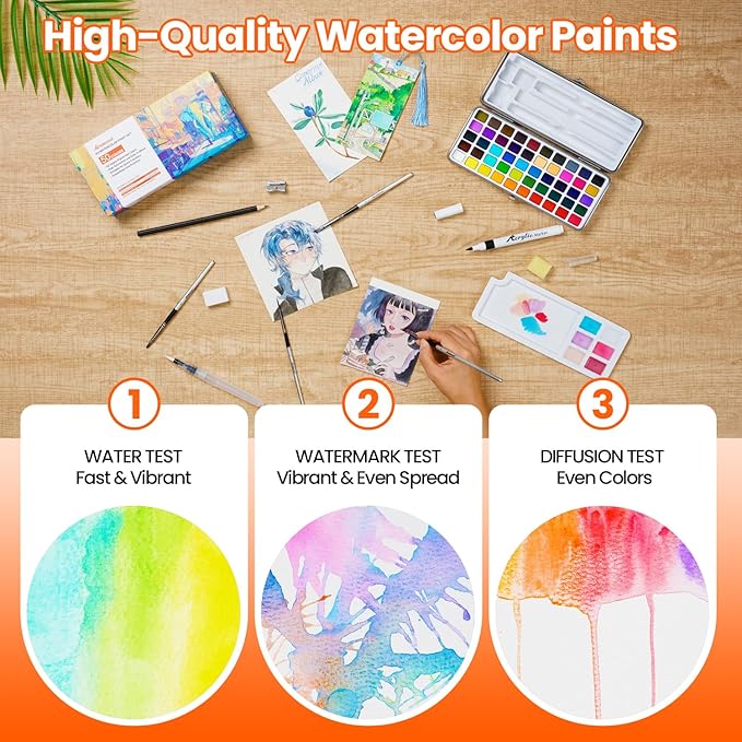 Watercolor Paint Set, 50 Colors, 4 Brushes, 3 Swatch Cards, Palette, Acrylic Marker Pen, and Accessories Included, All in One Portable Travel Watercolor Kit, Art Supplies Gift for Beginners, Adults, Artists, and Hobbyists