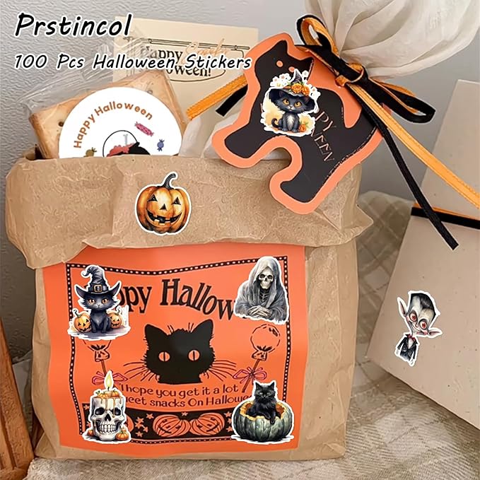 100 Pcs Black Cat and Witch Stickers, Horrible Pumpkin Stickers for Scrapbook, Junk Journal, Collages, Halloween Party Favors, Waterproof Vinyl Sticker for Laptop, Window, Water Bottles