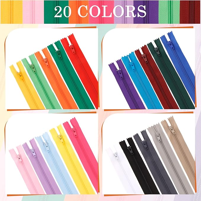Zippers - 100 Pcs Nylon 12 Inch Colorful Sewing Zippers for Making Bags, Pouches, Pillow Covers & Crafts - 20 Colors