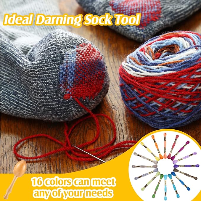 Jexine Darning Egg for Socks Wooden Darning Supplies Kit with 9 Large Eye Needles 16 Colors Sewing Threads for Socks Clothes Weaving Adults Darner DIY Handicraft Home Sewing Care(Multiple Color)