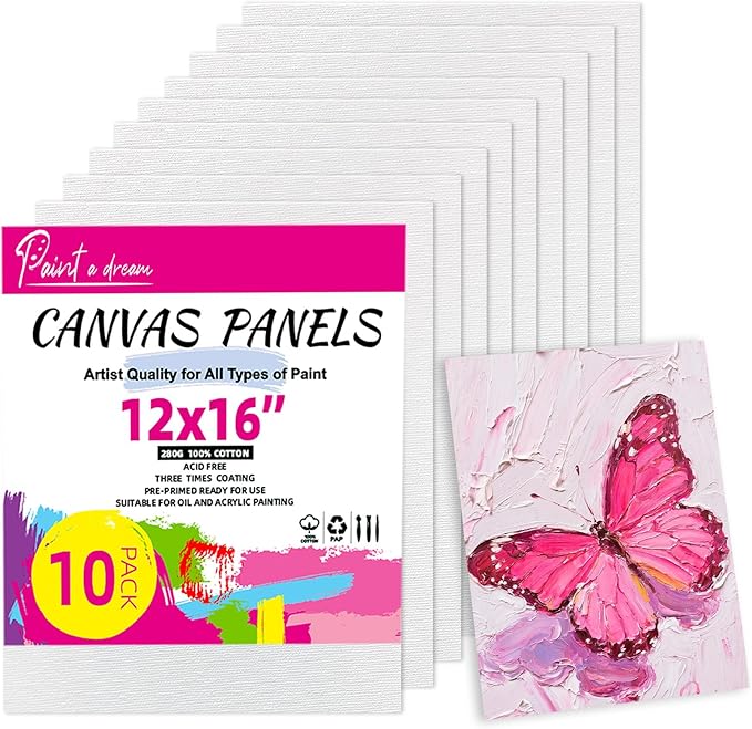 Canvas Boards for Painting - 12x16 10-Pack Bulk Canvas Panels Value Pack - 10 oz Primed Acid-Free 100% Cotton Canvas for Painting, Ready to Paint & Lightweight, Ideal for Acrylic, Oil Paint