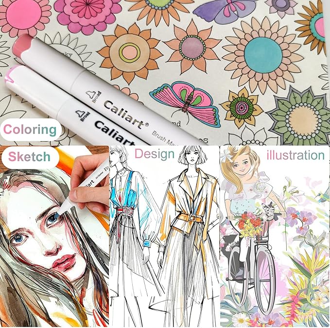 Caliart Pastel Alcohol Markers Brush Tip, 100 Colors Dual Tip Coloring Marker Pen Set Brush & Chisel, Art Supplies Gift for Adults Coloring Book Artists Sketch Drawing Illustration