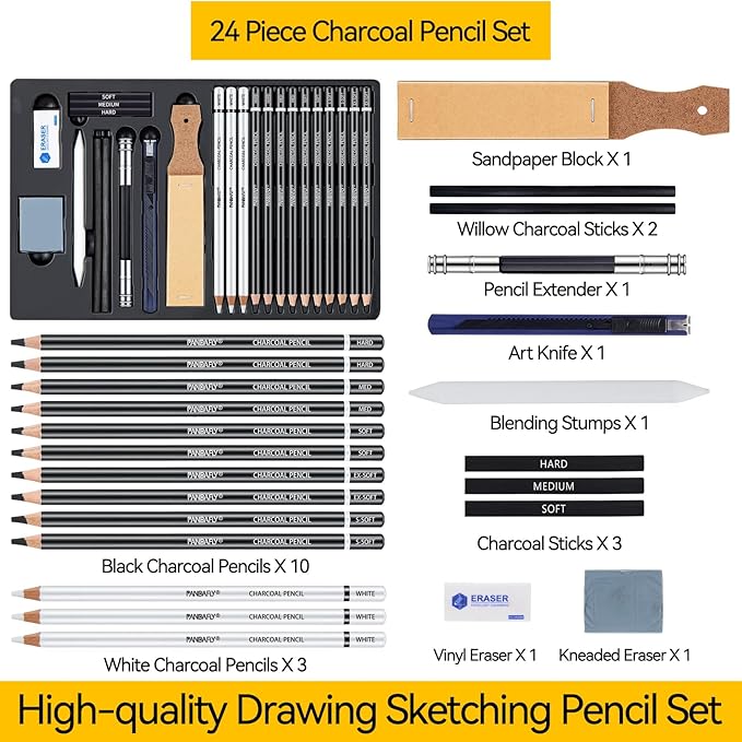 PANDAFLY 24 Piece Charcoal Drawing Set, Black & White Charcoal Pencils for Drawing, Sketching, Shading, Blending, Artist Pencils for Adults Beginners & Pro Artists