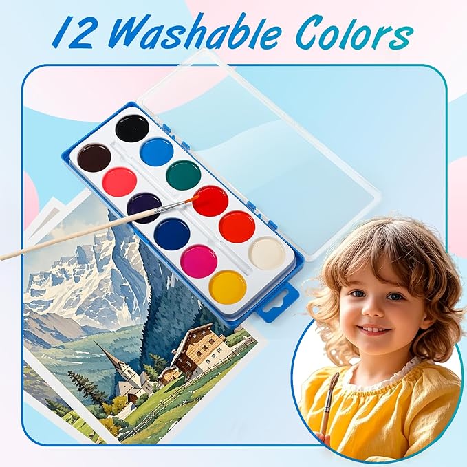 18 Pack Watercolor Paint Set,Washable Water Colors with Paint Brushes,Watercolor Paint Bulk for Kids,Water Color Paint for Classroom Parties Kindergarten and Art Activities