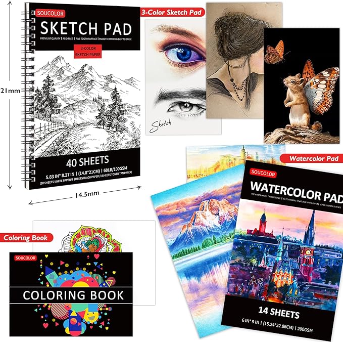Soucolor Art Supplies, 76 Pack Drawing Set Sketching Kit, Box for Artist Adult : 3-Color Sketchbook, Watercolor Pad, Coloring Book, Charcoal Colored Watercolor Metallic Pencils