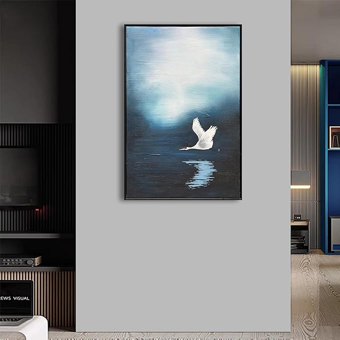 NANKAI Art Hand-Painted Lake Swan Oil Painting in Modern Abstract Style Suitable for Decorative Art for Home Office corridors and Walls. 36x24 inches(with Solid Wood Exterior Frame)