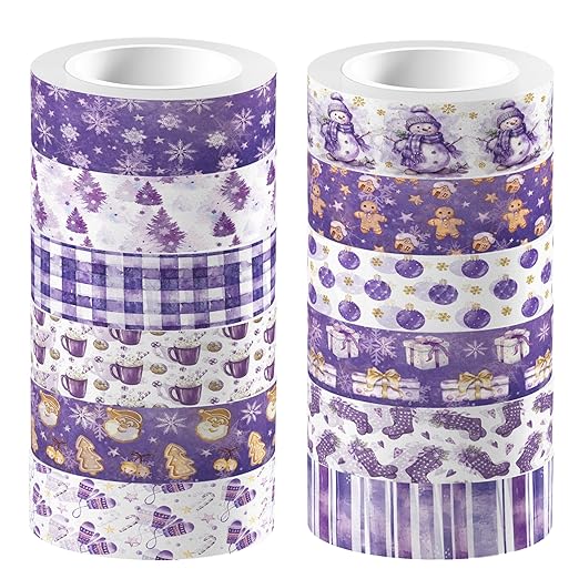 12 Rolls Purple Christmas Washi Tape Decorative Tape,Gingerbread Man Snowflake Christmas Tree Snowman Pattern for DIY Art Craft Gift Wrapping Scrapbook Journal Party Supplies Xmas Supplies