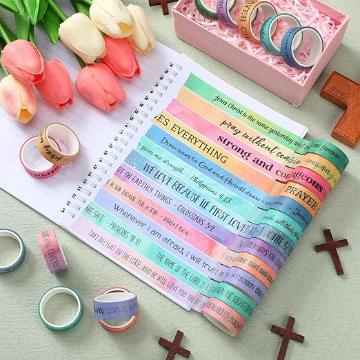 Janlaugh 24 Rolls Christian Washi Tape Gifts Bulk Religious Inspirational Scripture Supplies Rainbow Morandi Bible Verse Washi Tape for Bible Journaling Study Crafting New Year DIY Gifts