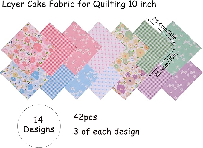 Hanjunzhao 42 Pcs Layer Cake Fabric for Quilting 10 inch - Layer Cakes 10 inch Squares for Quilting - Fabric Squares 10x10-10" Cotton Material for Sewing - Sweet Garden