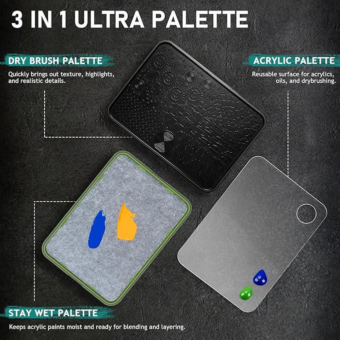 Wet Palette, Dry Brush Palette and Acrylic Paint Pallete, 3-in-1 Set for Miniature Painting and Acrylic Paints, 100PCS Hydration Paper and 4PCS Sponges