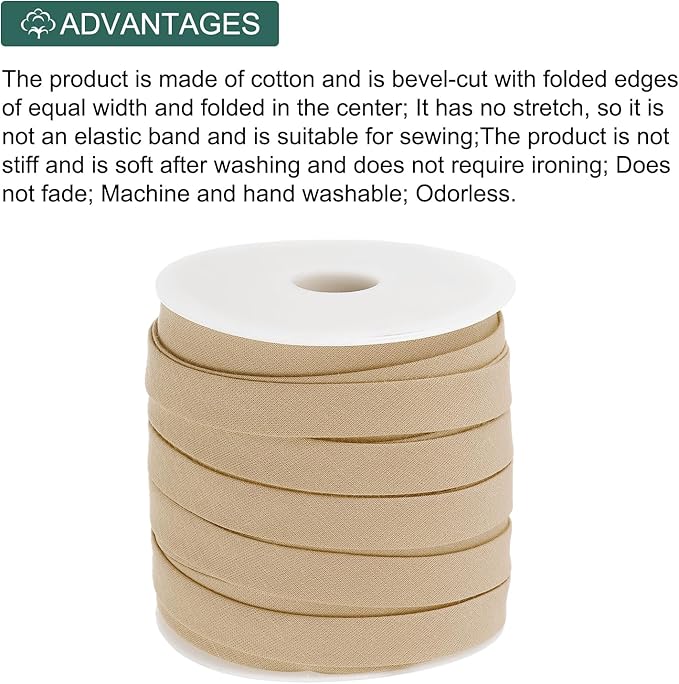 MECCANIXITY 2/5 Inch Double Fold Bias Tape Continuous Bulk Bias Tape for Sewing, Seaming Quilting Hemming Binding Crafts (Khaki 25 Yards)