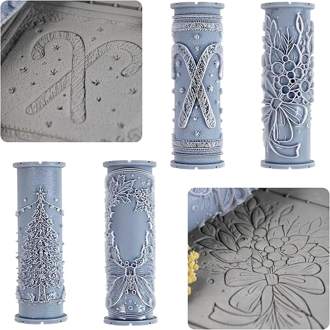 Christmas Classics 4-Pack Clay Texture Rollers (4") - Christmas Set #01 - Embossing Pattern Rollers for Polymer & Ceramic Clay, Pottery & Crafts