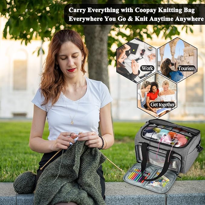 Coopay Giant Knitting Tote Bag, Travel Knitting Bag Yarn Storage Bag with Removable Inner Divider for Knitting Needles, Yarn, Crochet Supplies and Knitting Needles Accessories