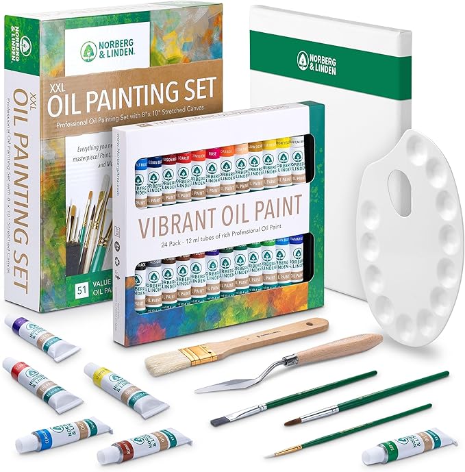 XXL Oil Paint Set - 24 Paints, 25 Brushes, 1 Canvas, and Art Palette - Oil Painting Supplies for Kids and Adults, Paint Supplies