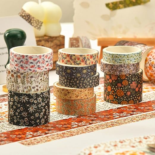 12 Rolls Flowers Washi Tape Set Floral Arts Adhesive Tapes Blooming Garden Decorative Masking Tape Sets for Craft, Kids, Scrapbook, DIY, Gift Wrapping (Flowers Blooms)