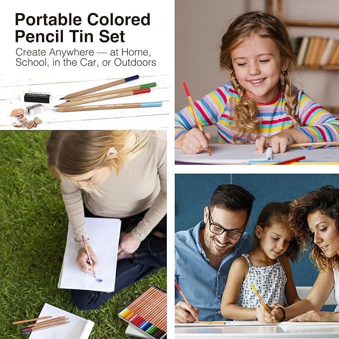 COLOUR BLOCK Colored Pencil Set - 24 Piece, Premium Cedar Handle Drawing Pencils, Vinyl Eraser, Sharpener, Tin Storage Box