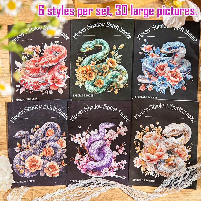 30-Pack Large Holographic Floral Snake Reptile Clear Scrapbook Stickers – Vibrant Serpent Decals with Flowers for Journals, Laptops, Water Bottles, Resin Art Projects
