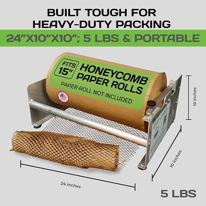 HexcelPack Mini Packing Station – 15" Wide Tabletop Honeycomb Packing Paper Roll Dispenser, Kraft Wrapping Paper Holder, Manual Wrapping Station for Small Business - Dispenser Only