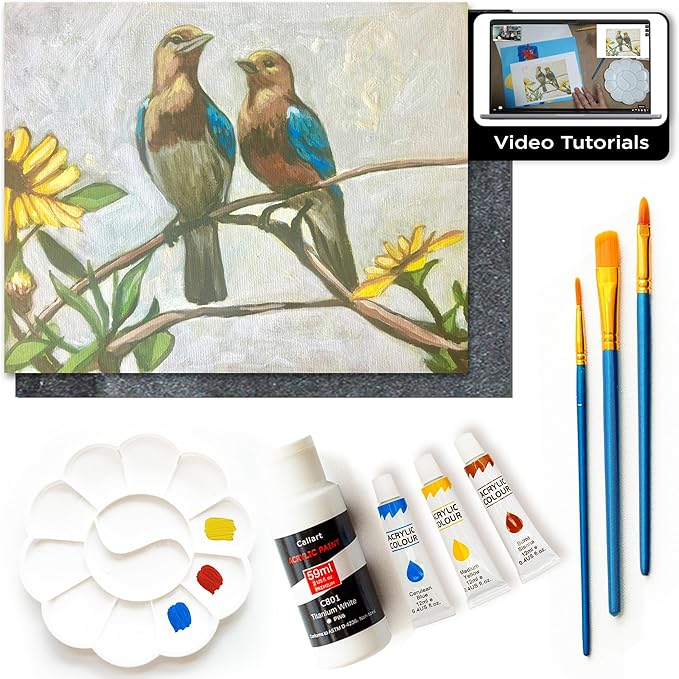 Painting4Real DIY Art Painting Kit for Adults – Learn to Paint Summer Birds with Video Tutorials – 9 Pieces Acrylic Paint Set for Adults –Perfect Christmas Crafts & Holiday Gifts for Art Lovers