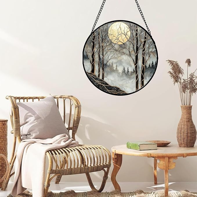 Stained Glass Window Hanging - Black and White Gold Moon Forest Sun Catcher for Door Home Decor Suncatcher Christmas Mother's Day Birthday Gifts for Women Men Lovers Mom Nana 6.3 in