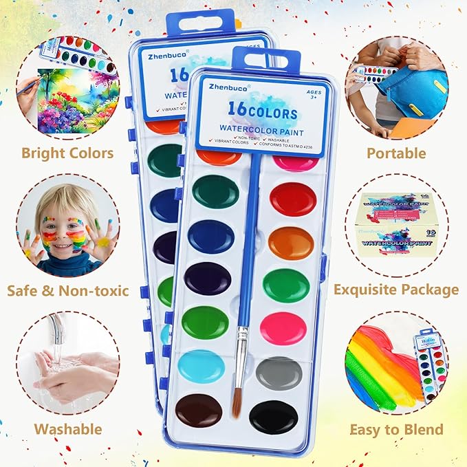 16 Pack Watercolor Paint Set - 16 Colors Quality Washable Water Color Paints Sets with Paint Brush, Kids Watercolor Paint Set for Coloring, Art, Classrooms, Party Favors and Paint Supplies