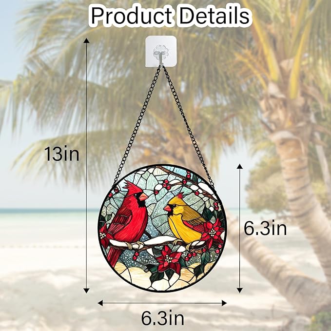 Stained Glass Window Hanging, Love Birds Cardinals Sun Catchers Colorful Glass Panel Birds Suncatcher Decor for Birthday for Women, Men, Wife, Lovers, and Mom 6.3 in