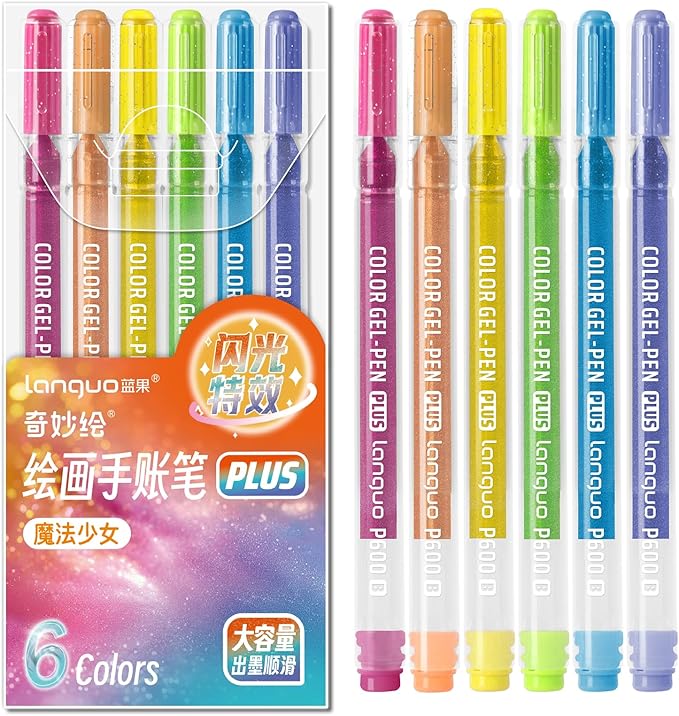 Glitter Gel Pens, 6 Pack Colored Pens for Black Paper & White Paper, 1.0mm Point Pens, Large Capacity Ink Pens for Coloring, Writing, Drawing, Journaling, Note Taking, Office, Home