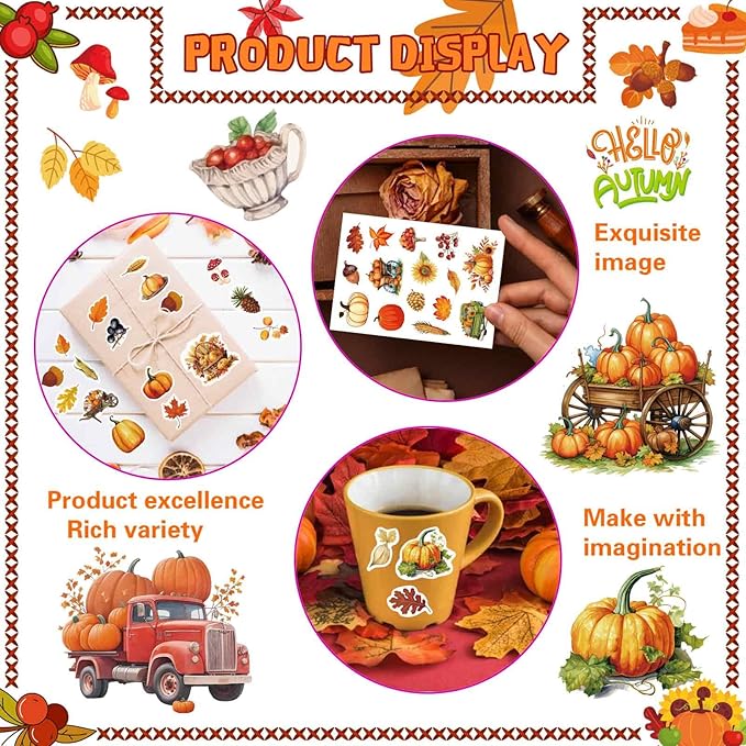 32 Sheets Fall Theme Sticker, Pumpkin Stickers, Hello Autumn Sticker, Thanksgiving Stickers for Kids, Fall Harvest Food Pumpkin Maple Leaves, Thanksgiving Party Favors Supplies