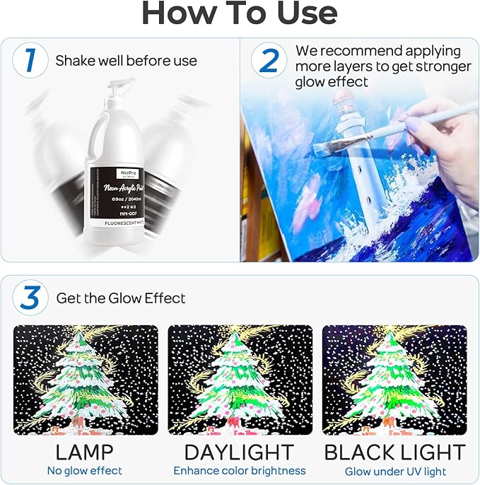 Nicpro Fluorescent White Large Acrylic Paint Set (69 oz, 2040 ml), Glow in the Black Light, Non-Toxic Neon Paint for Neon Party Decoration, DIY Project on Multi-Surface, Canvas, Rock, Wood, Craft