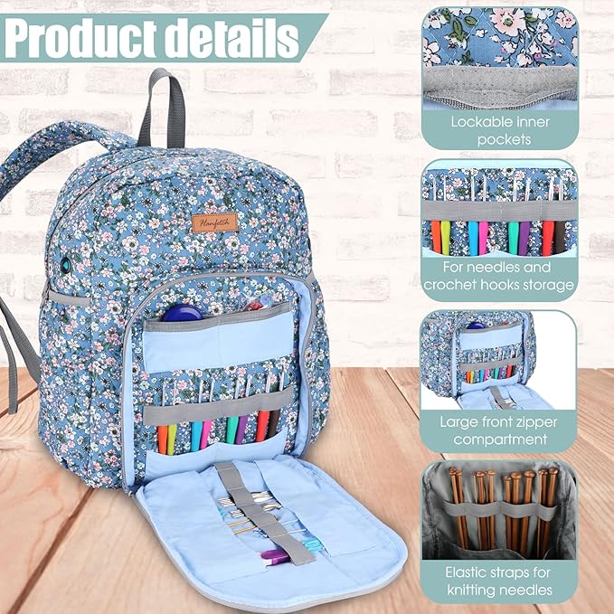 Yarn Storage Organizer Knitting Bag Backpack - Large Size with Grommets, Portable Crochet & Knitting Accessories Bag (Flower-Blue)