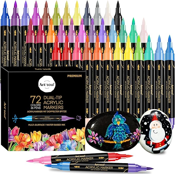72 Colors Acrylic Paint Pens, 36 Pack Dual Tip Acrylic Paint Pens Markers for Rock Painting, Wood, Stone, Canvas, Ceramic, Glass Surfaces, DIY Crafting & Art Supplies