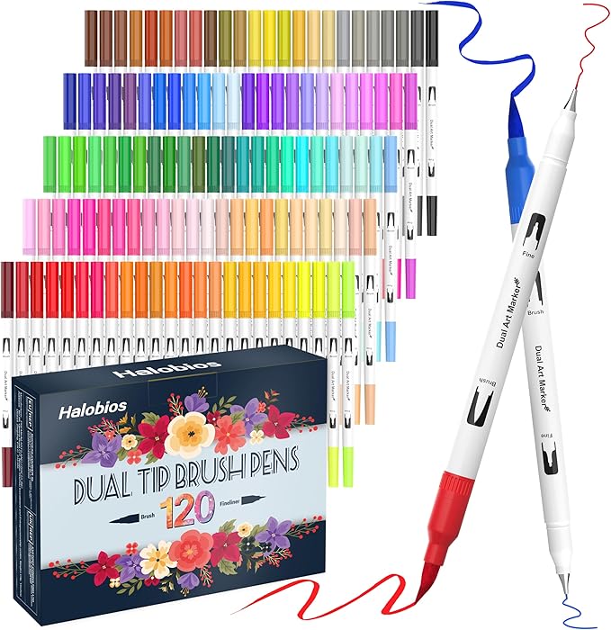 120 Color Dual Tips Brush Pens, Fine and Brush Tip Markers with Swatch Card for Adult Coloring, Art Markers Set for Journaling Calligraphy Drawing Sketching Doodling Illustrating