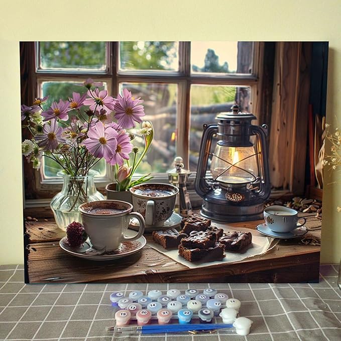 Paint by Numbers Kits for Adults Beginners DIY Oil Painting on Canvas 16x20 Inch Flower and Oil Lamp Acrylic Pigment Watercolor Paint Kits Retro European Style Home Wall Art Decor Gift(Frameless)